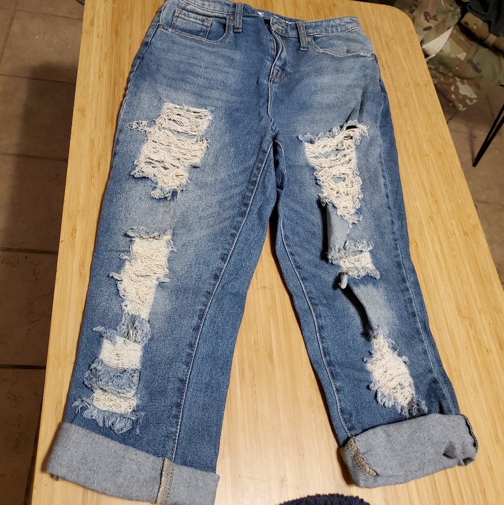 Distressed high rise mom jeans